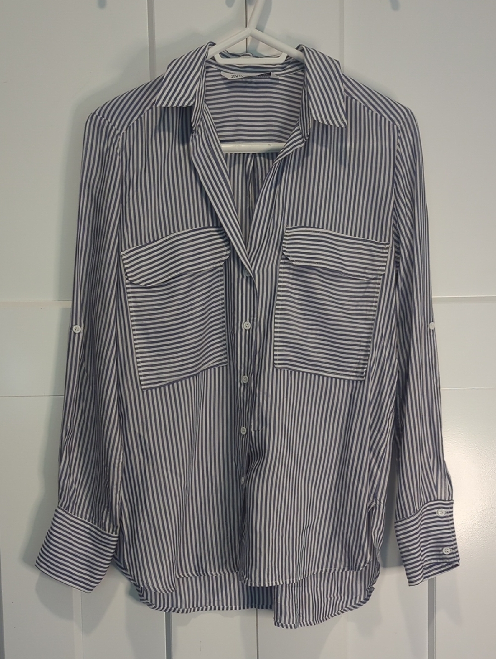 Zara Navy & White Vertical Striped Button-Down Shirt Size XS